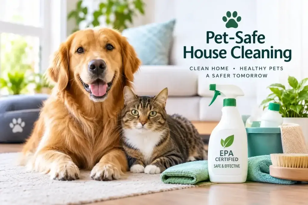Pet-friendly home cleaning with a dog, cat and eco-friendly cleaning supplies.